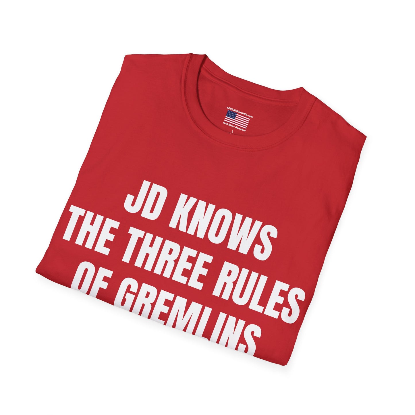 JD Gremlins Rules T-Shirt — “JD Knows The Three Rules” (Vance 2028 Back)