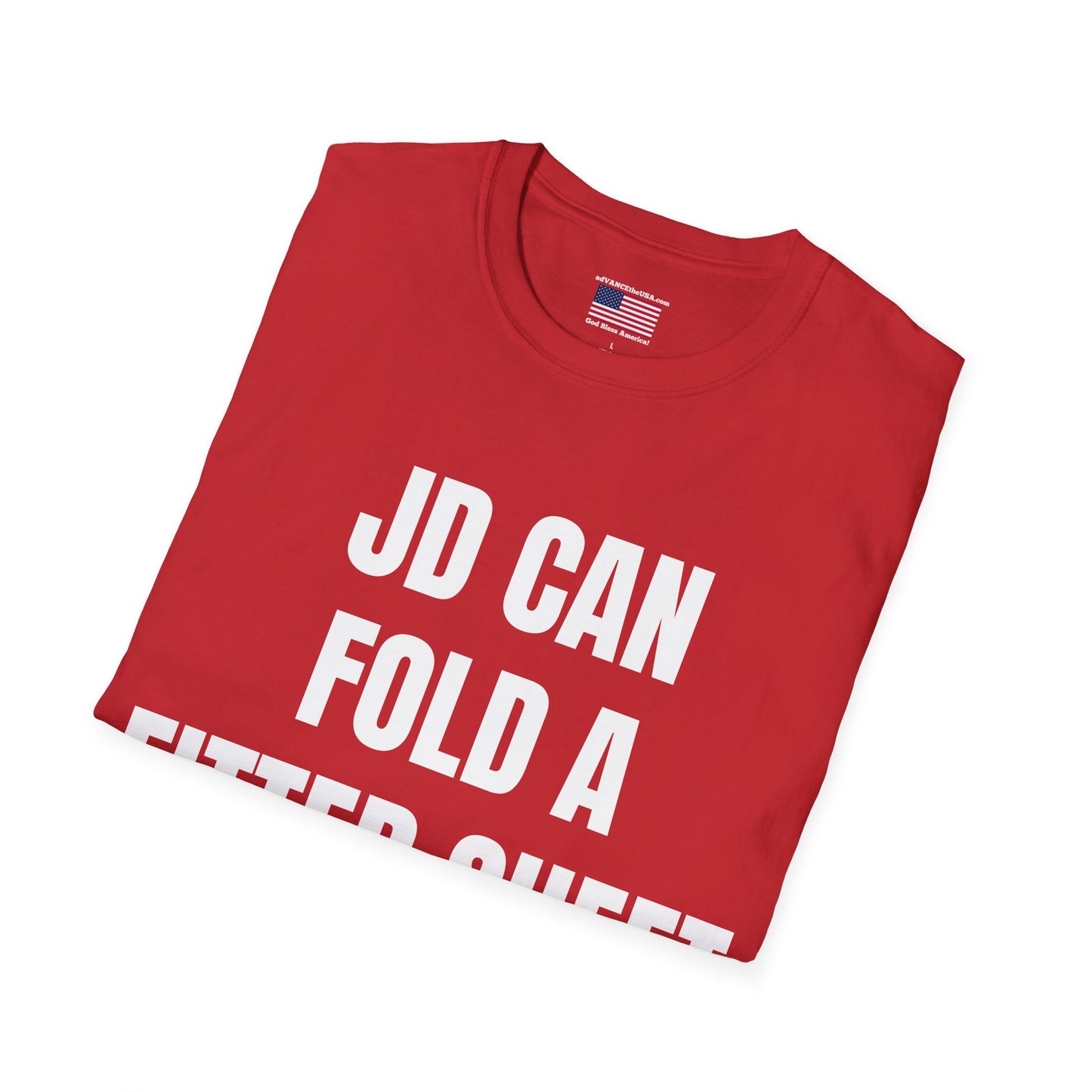 Funny Political Shirt – “JD Can Fold a Fitted Sheet” Tee | Vance 2028 Back Print