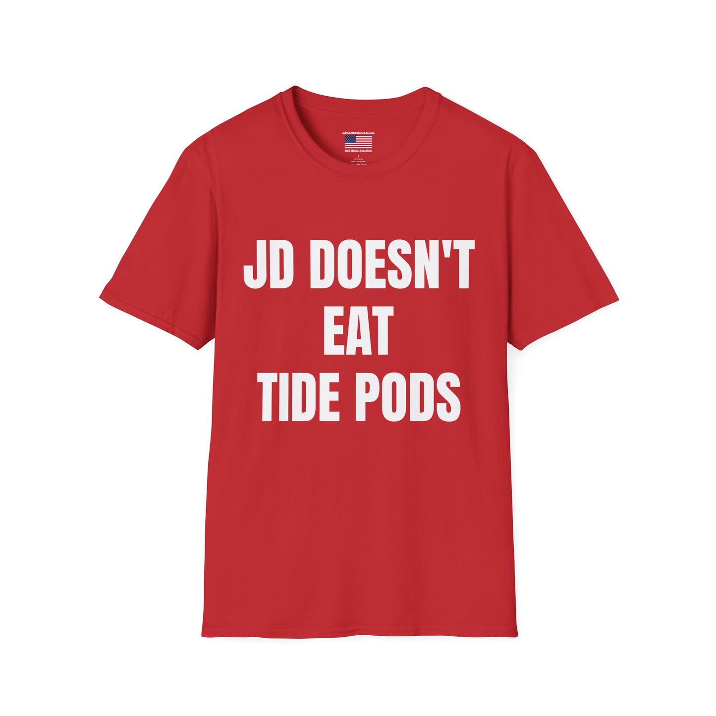 Political Campaign T-Shirt — “JD Doesn’t Eat Tide Pods” / Vance 2028 Back-Print