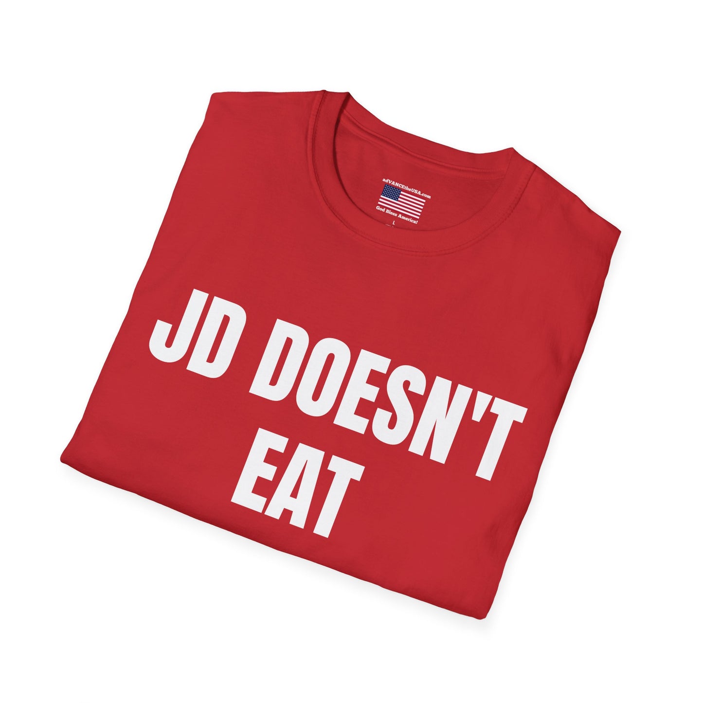 Political Campaign T-Shirt — “JD Doesn’t Eat Tide Pods” / Vance 2028 Back-Print