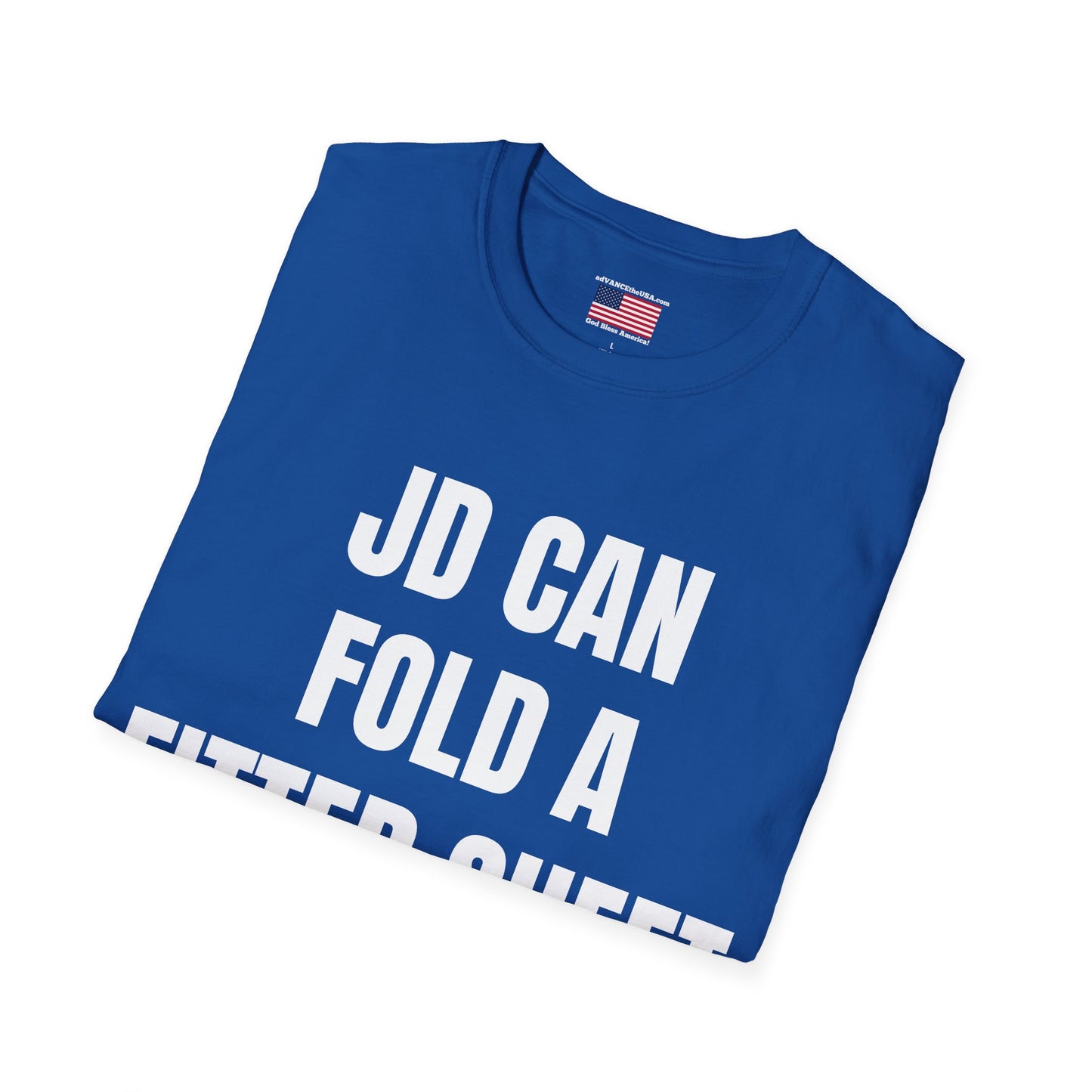 Funny Political Shirt – “JD Can Fold a Fitted Sheet” Tee | Vance 2028 Back Print
