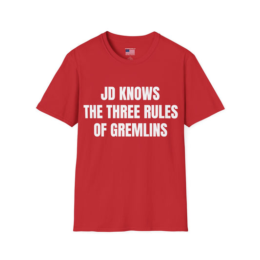 JD Gremlins Rules T-Shirt — “JD Knows The Three Rules” (Vance 2028 Back)