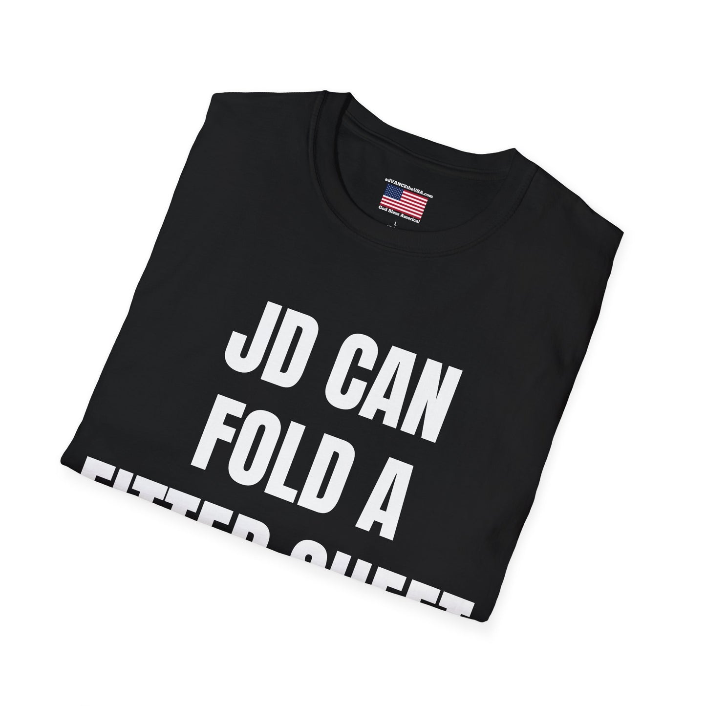 Funny Political Shirt – “JD Can Fold a Fitted Sheet” Tee | Vance 2028 Back Print