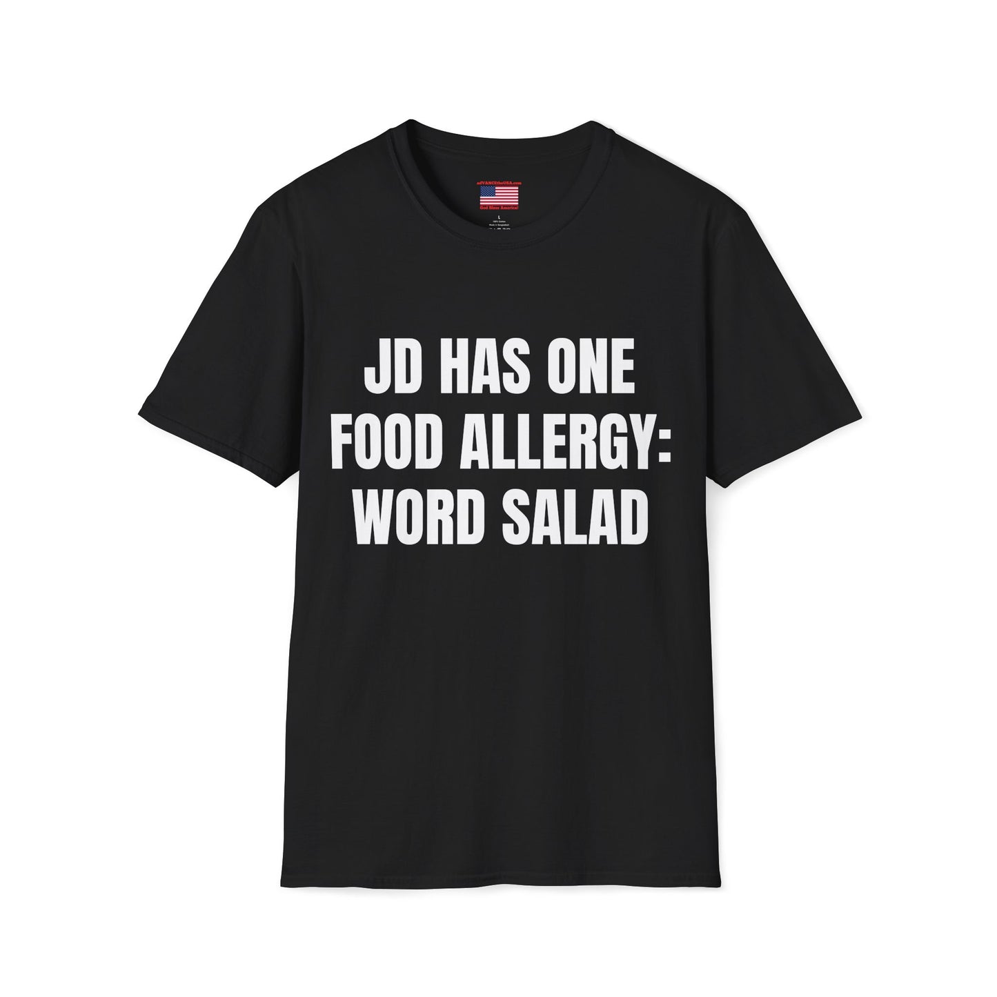 Word Salad Funny T-Shirt — “JD Has One Food Allergy: Word Salad” (Vance 2028 Back)