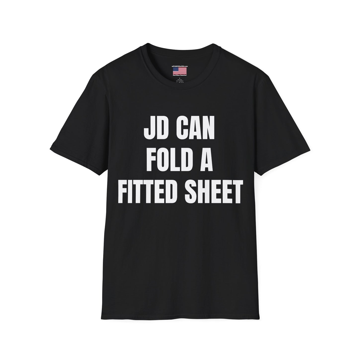 Funny Political Shirt – “JD Can Fold a Fitted Sheet” Tee | Vance 2028 Back Print