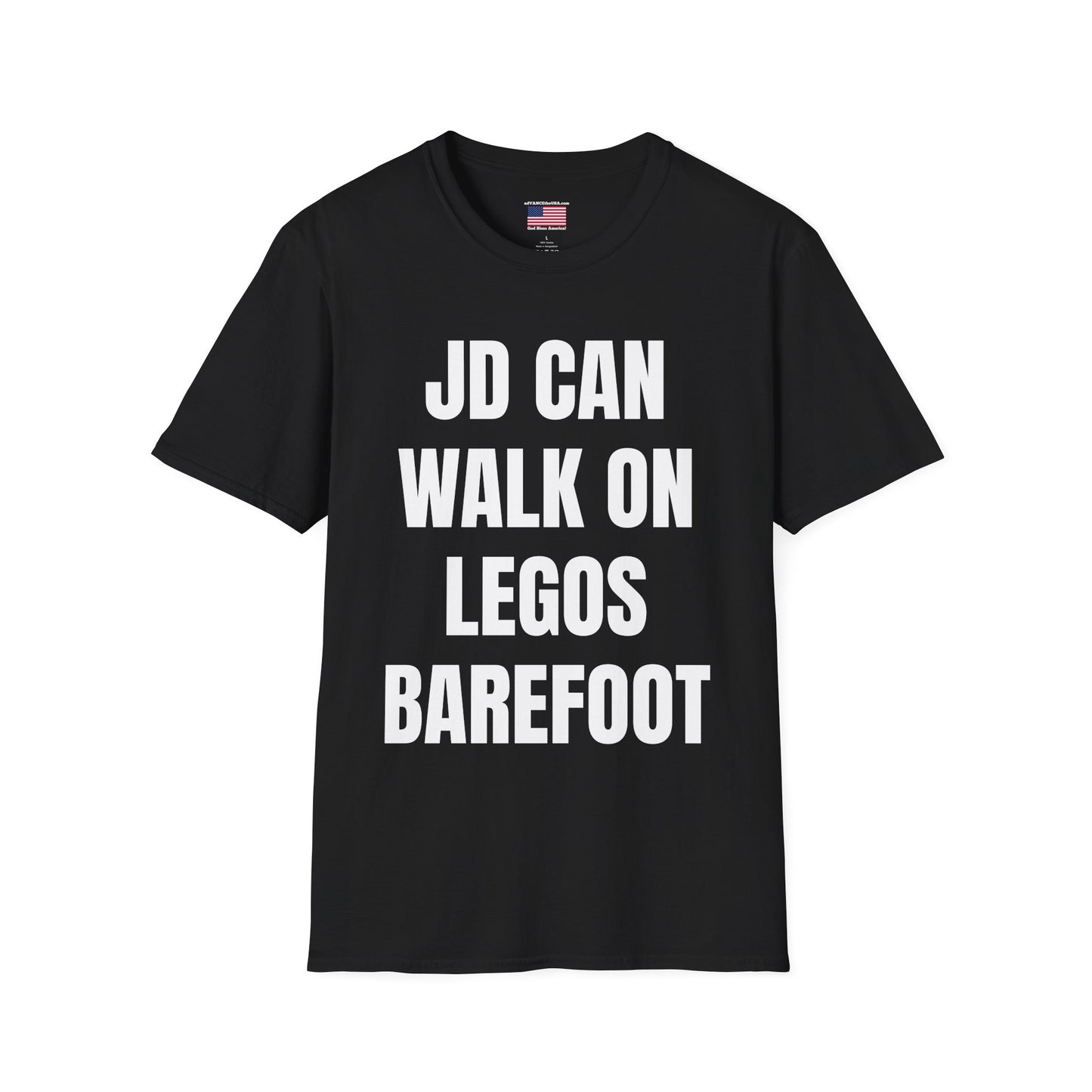 Funny Political Campaign T-Shirt — "JD Can Walk On Legos Barefoot" with Vance 2028 Back