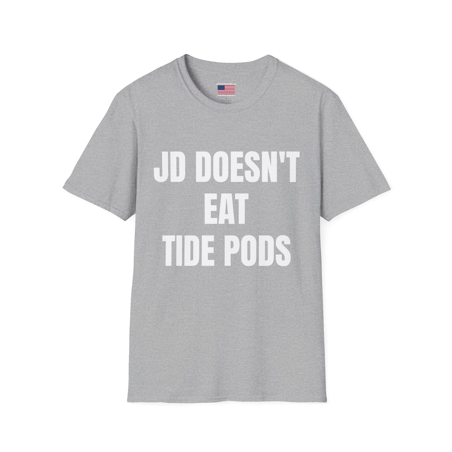 Political Campaign T-Shirt — “JD Doesn’t Eat Tide Pods” / Vance 2028 Back-Print