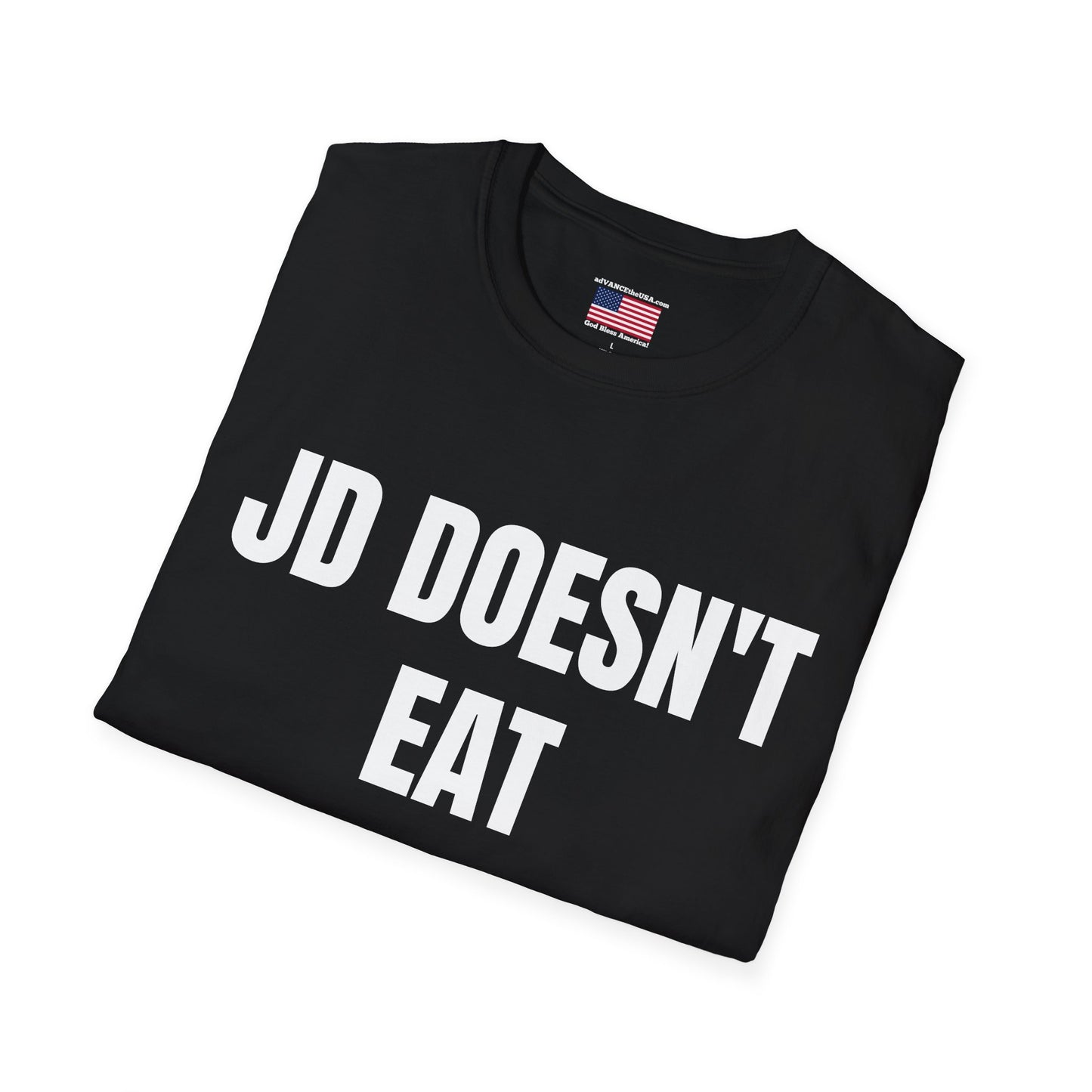 Political Campaign T-Shirt — “JD Doesn’t Eat Tide Pods” / Vance 2028 Back-Print