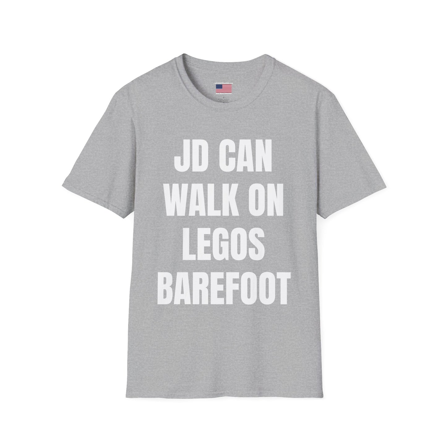 Funny Political Campaign T-Shirt — "JD Can Walk On Legos Barefoot" with Vance 2028 Back