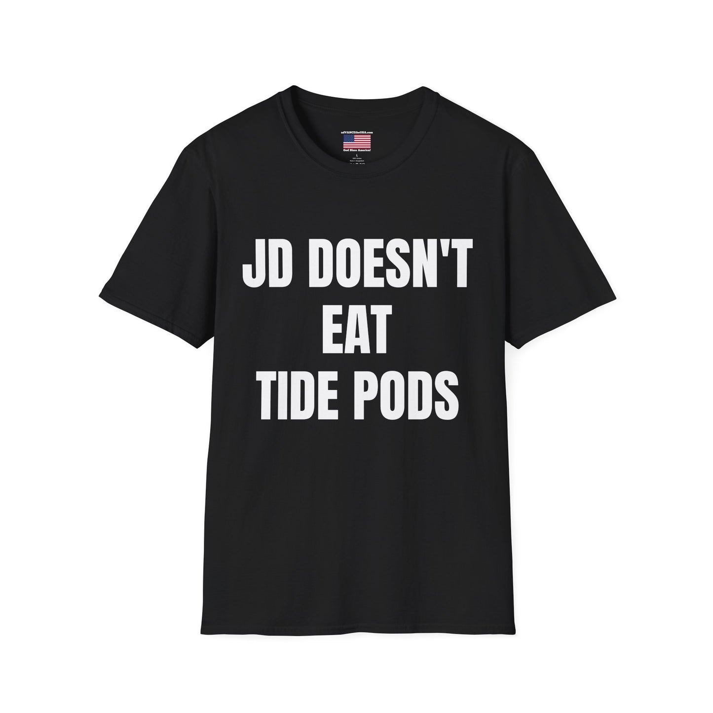 Political Campaign T-Shirt — “JD Doesn’t Eat Tide Pods” / Vance 2028 Back-Print