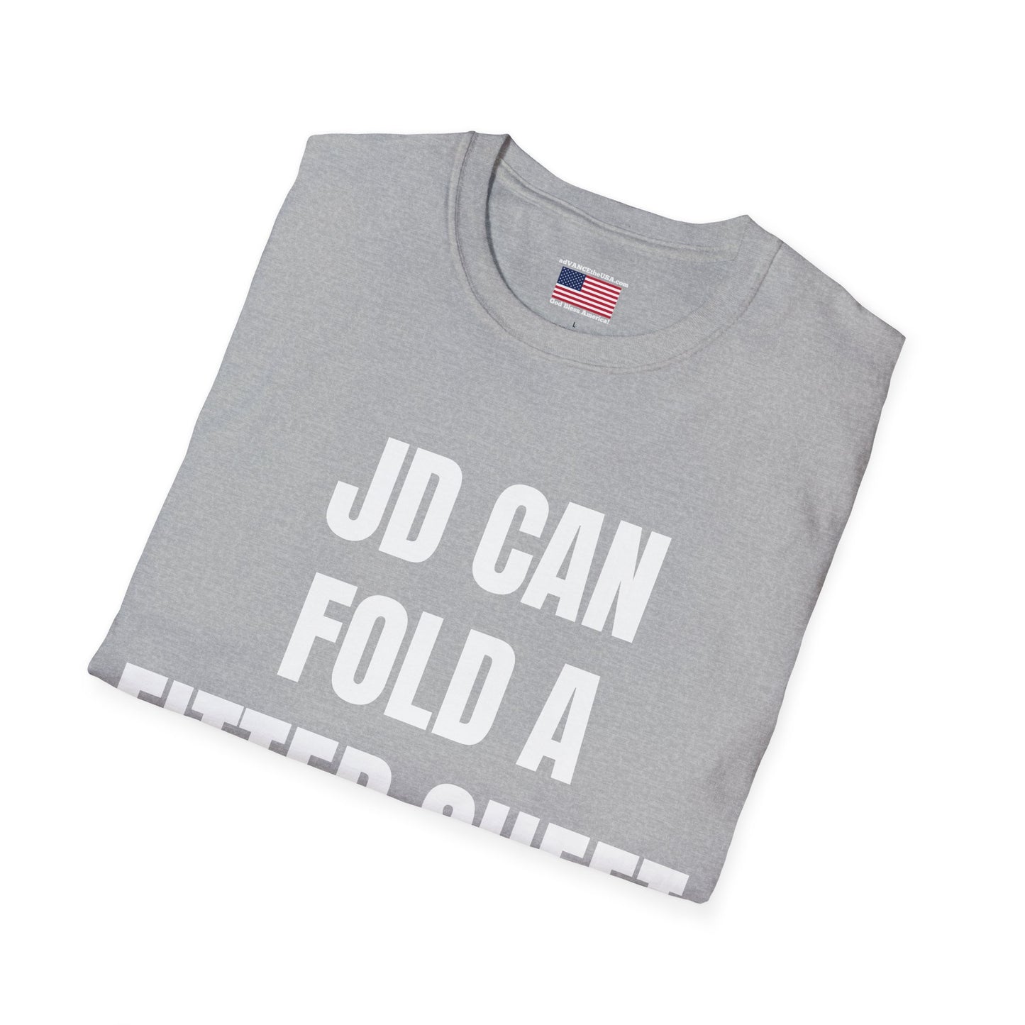 Funny Political Shirt – “JD Can Fold a Fitted Sheet” Tee | Vance 2028 Back Print