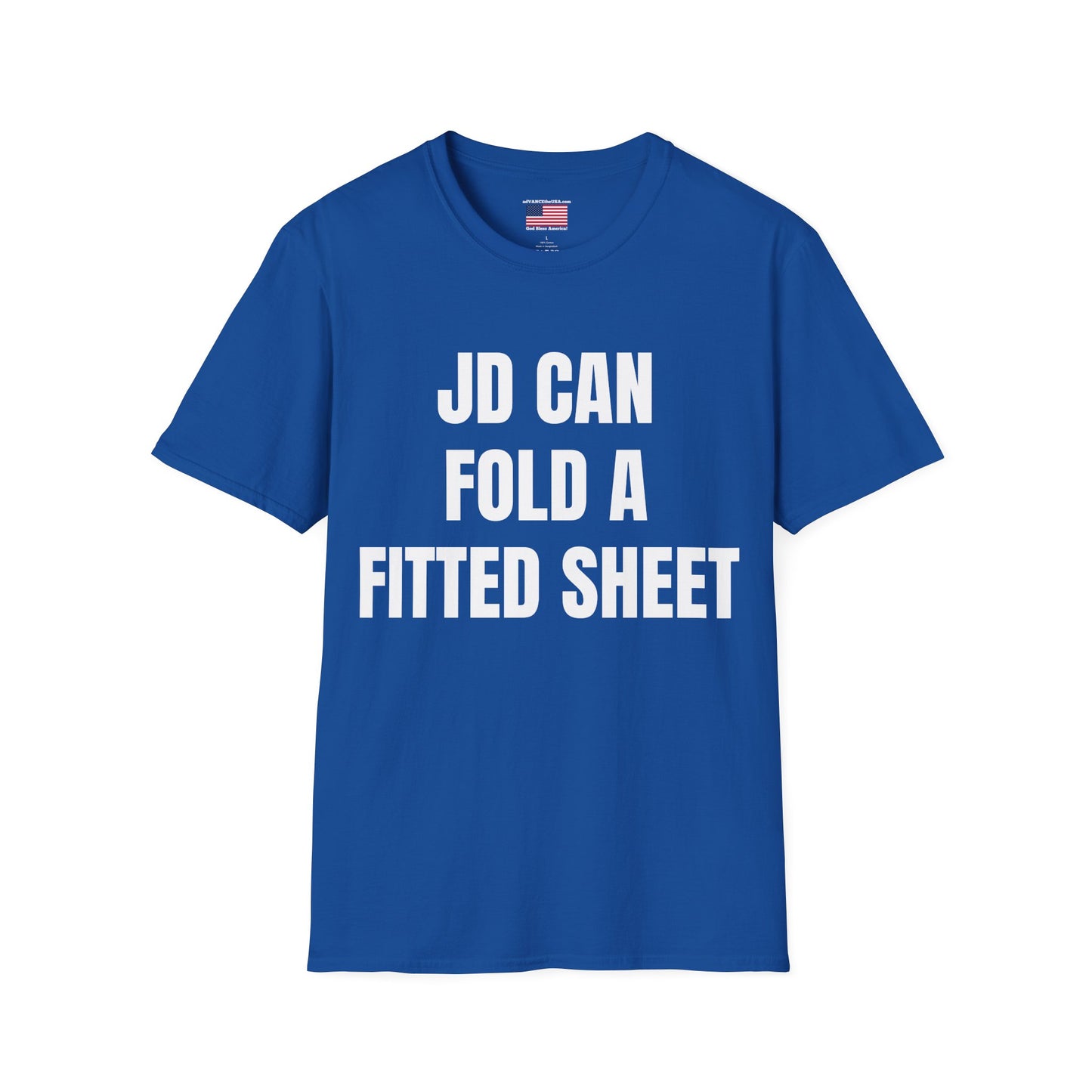 Funny Political Shirt – “JD Can Fold a Fitted Sheet” Tee | Vance 2028 Back Print