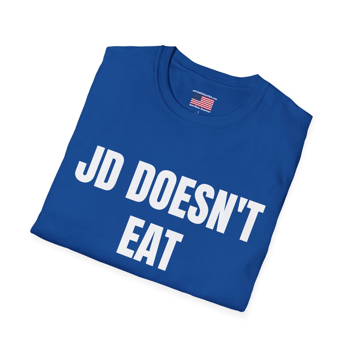 Political Campaign T-Shirt — “JD Doesn’t Eat Tide Pods” / Vance 2028 Back-Print