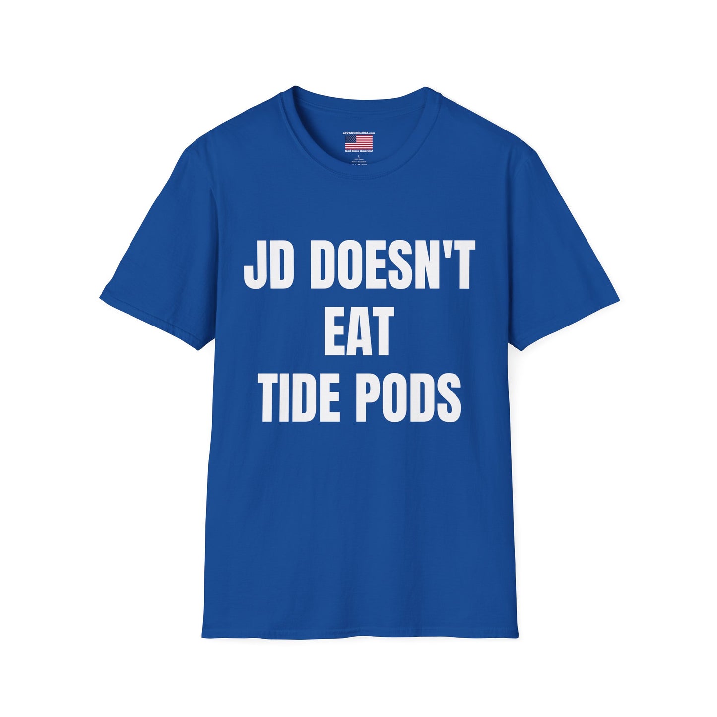 Political Campaign T-Shirt — “JD Doesn’t Eat Tide Pods” / Vance 2028 Back-Print